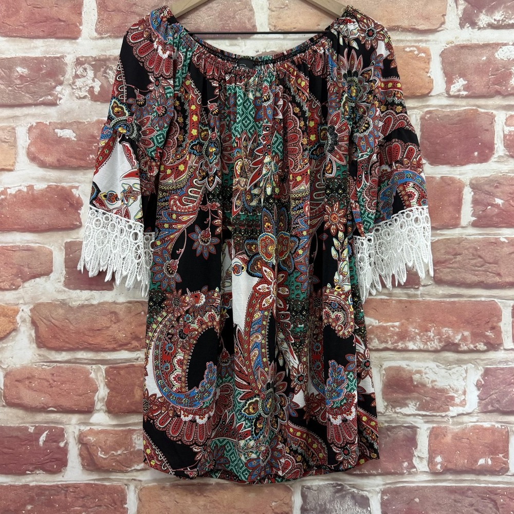Win Win Tunic Top Women's L/XL Multicolor Boho Floral Casual Lace Sleeve Shirt